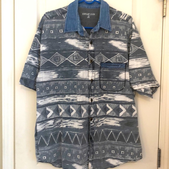 😊 Men’s  nice abstract print it in denim button down shirt 100% cotton size XL - Picture 1 of 3